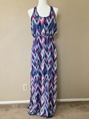 Leyden Womens Multicolor Chevron Printed Split Maxi Dress - Size Medium
